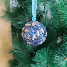 Load image into Gallery viewer, Golden Petals on Blue – Handcrafted Beaded Christmas Ornament