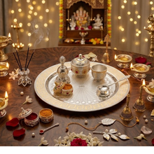 Load image into Gallery viewer, Luxury Silver Pooja Thali Set with Peach/Rose-Gold Greek Fret Border – Includes Bell, Spoon, Diya & Kumkum Katori