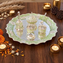 Load image into Gallery viewer, Elegant Mint Green & Silver-Plated Pooja Thali Set (7-Piece Festive Gift Combo)