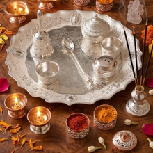 Load image into Gallery viewer, Royal Silver Finish Pooja Thali Set (7-Piece Festive Gift Combo)