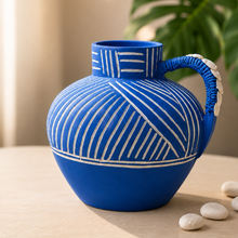 Load image into Gallery viewer, Azure Drift: Terracotta Flower Vase in Coastal Blue & White