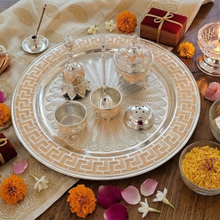 Load image into Gallery viewer, Luxury Silver Pooja Thali Set with Peach/Rose-Gold Greek Fret Border – Includes Bell, Spoon, Diya & Kumkum Katori