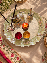 Load image into Gallery viewer, Elegant Mint Green & Silver-Plated Pooja Thali Set (7-Piece Festive Gift Combo)