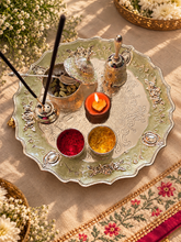 Load image into Gallery viewer, Elegant Mint Green & Silver-Plated Pooja Thali Set (7-Piece Festive Gift Combo)