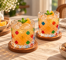 Load image into Gallery viewer, Revolving Glass – Handcrafted Multicolour Tumbler Set of 2 with Wooden Coasters
