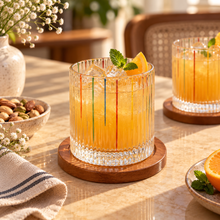 Load image into Gallery viewer, Revolving Ribbed Glass Tumbler with Wooden Coaster – Set of 2