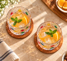 Load image into Gallery viewer, Revolving Glass – Handcrafted Multicolour Tumbler Set of 2 with Wooden Coasters