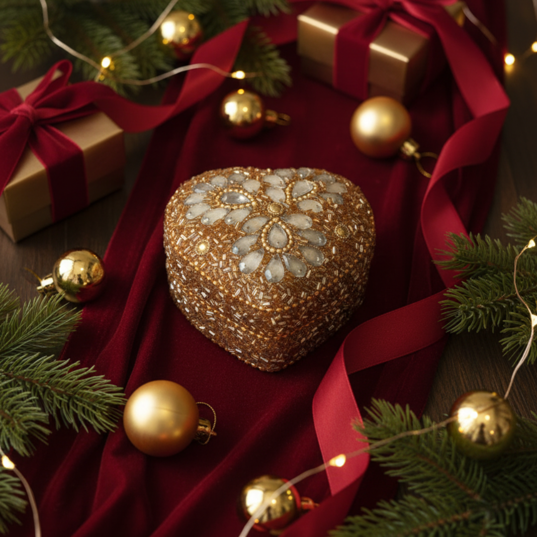 Romantic Golden Beaded Heart-Shaped Trinket Box