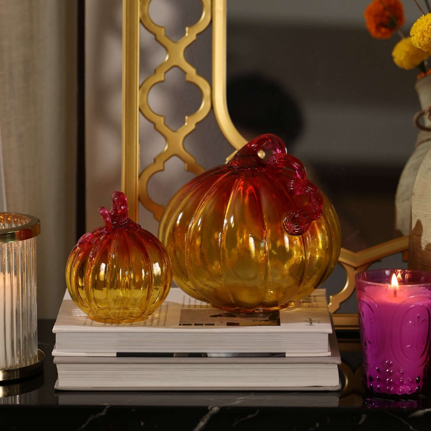 Golden Hour Glass Pumpkins Set of 2