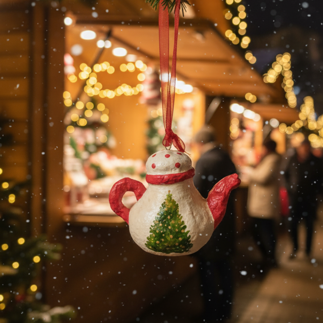 Handcrafted Paper Maché Christmas Teapot Ornament