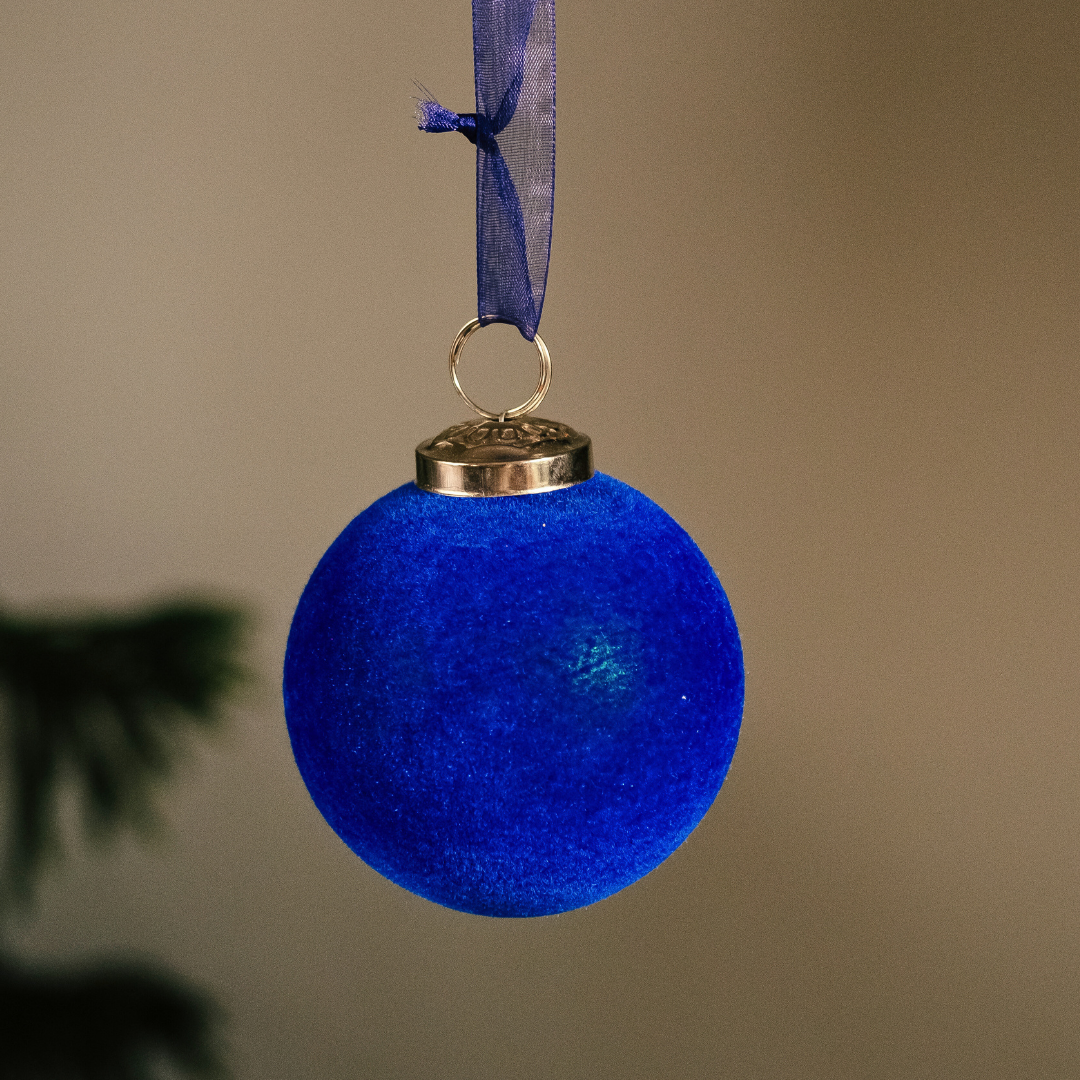 Sapphire Glow: Velvet Ball Christmas Ornament