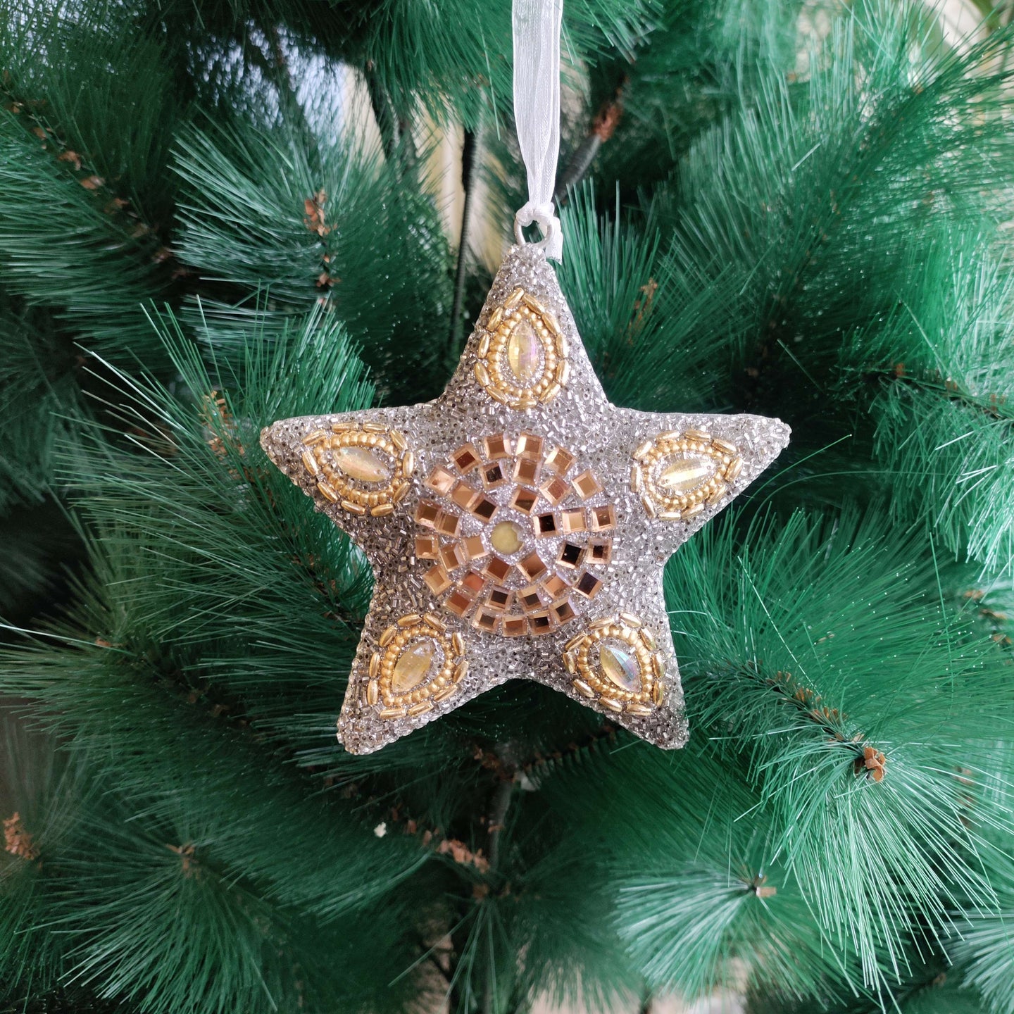 Celestial Spark – Beaded Star Handcrafted Christmas Ornament