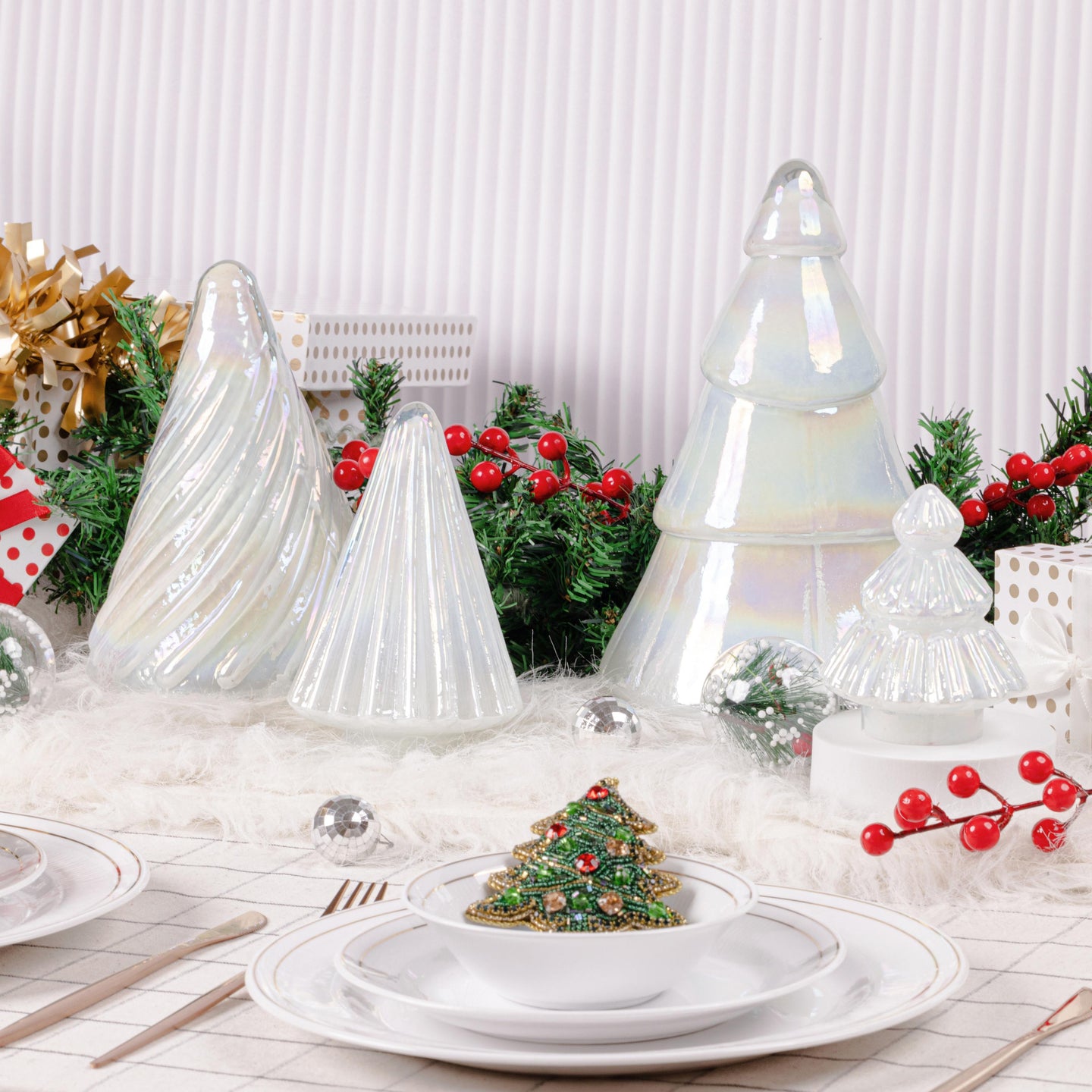 White Christmas Fantasy- Set of 4 White Glass Christmas Trees
