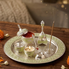 Load image into Gallery viewer, Royal Mint Green Silver-Plated Pooja Thali Set (7 Pieces)
