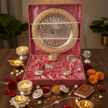 Load image into Gallery viewer, Luxury Silver Pooja Thali Set with Peach/Rose-Gold Greek Fret Border – Includes Bell, Spoon, Diya &amp; Kumkum Katori
