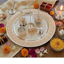 Load image into Gallery viewer, Luxury Silver Pooja Thali Set with Peach/Rose-Gold Greek Fret Border – Includes Bell, Spoon, Diya &amp; Kumkum Katori
