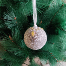 Load image into Gallery viewer, Silver Snowfall – Beaded Ball Ornament with Yellow Accents
