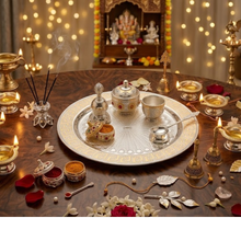 Load image into Gallery viewer, Luxury Silver Pooja Thali Set with Peach/Rose-Gold Greek Fret Border – Includes Bell, Spoon, Diya &amp; Kumkum Katori
