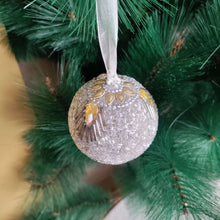 Load image into Gallery viewer, Silver Snowfall – Beaded Ball Ornament with Yellow Accents
