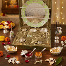 Load image into Gallery viewer, Elegant Mint Green &amp; Silver-Plated Pooja Thali Set (7-Piece Festive Gift Combo)
