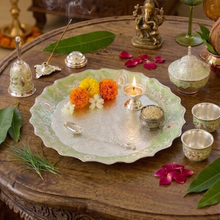 Load image into Gallery viewer, Elegant Mint Green &amp; Silver-Plated Pooja Thali Set (7-Piece Festive Gift Combo)
