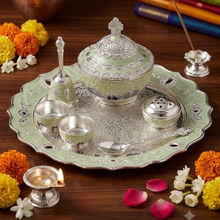 Load image into Gallery viewer, Elegant Mint Green &amp; Silver-Plated Pooja Thali Set (7-Piece Festive Gift Combo)
