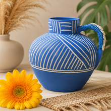 Load image into Gallery viewer, Azure Drift: Terracotta Flower Vase in Coastal Blue &amp; White
