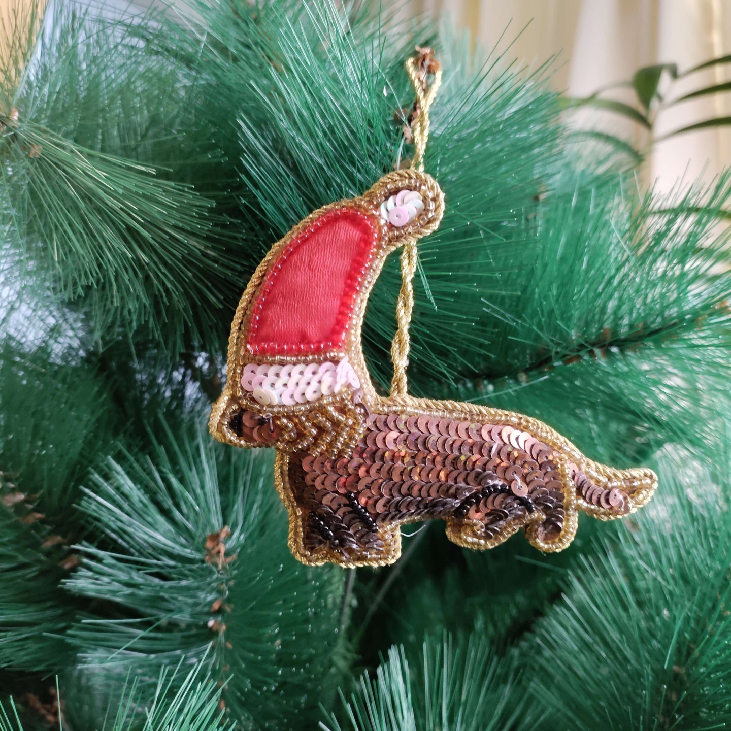 Santa’s Little Helper - Sequined Dachshund - Handcrafted Christmas Ornament