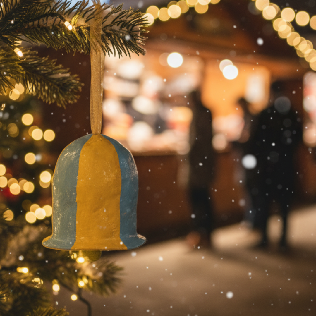 Handcrafted Paper Maché Striped Bell Ornament