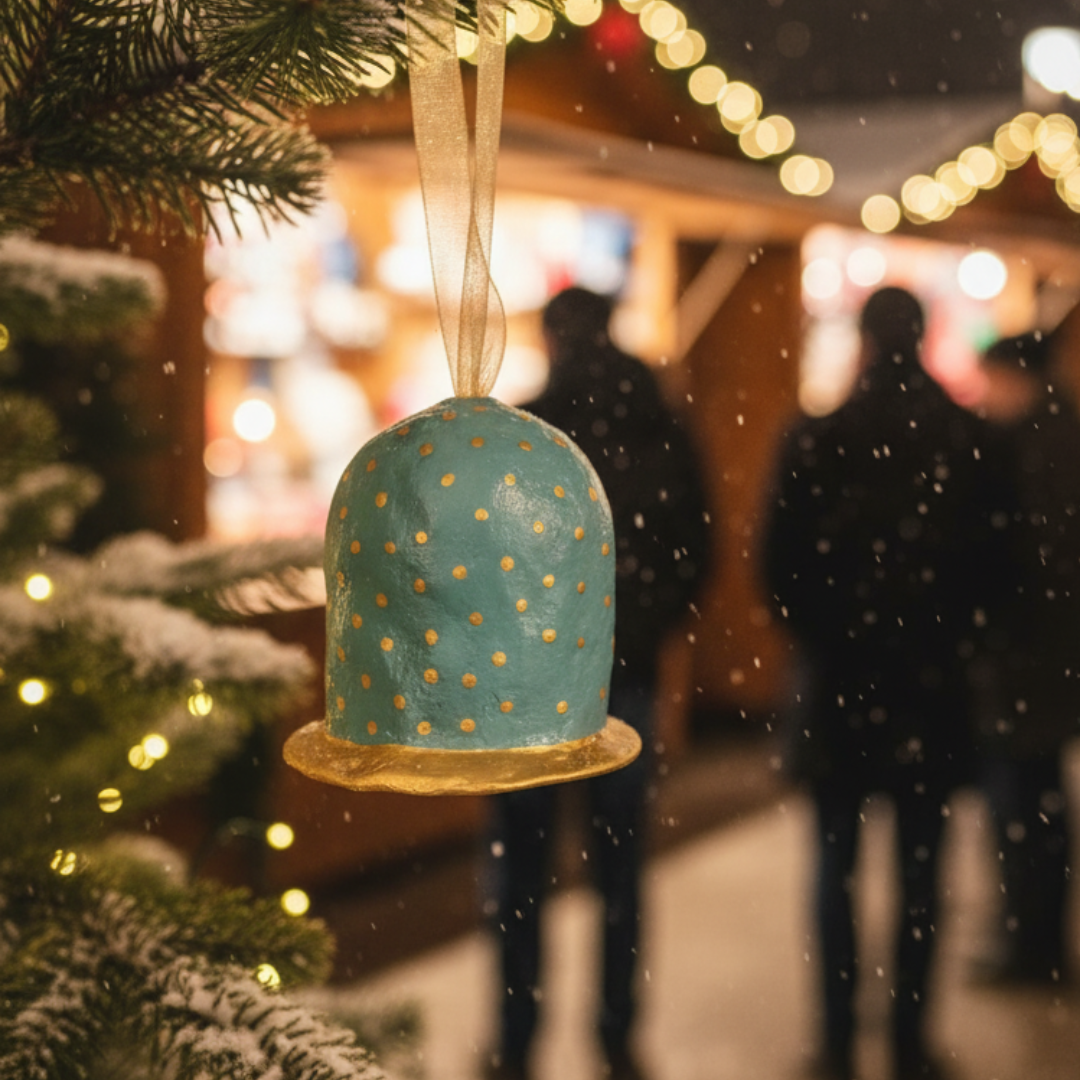 Handcrafted Paper Maché Teal & Gold Polka Dot Bell