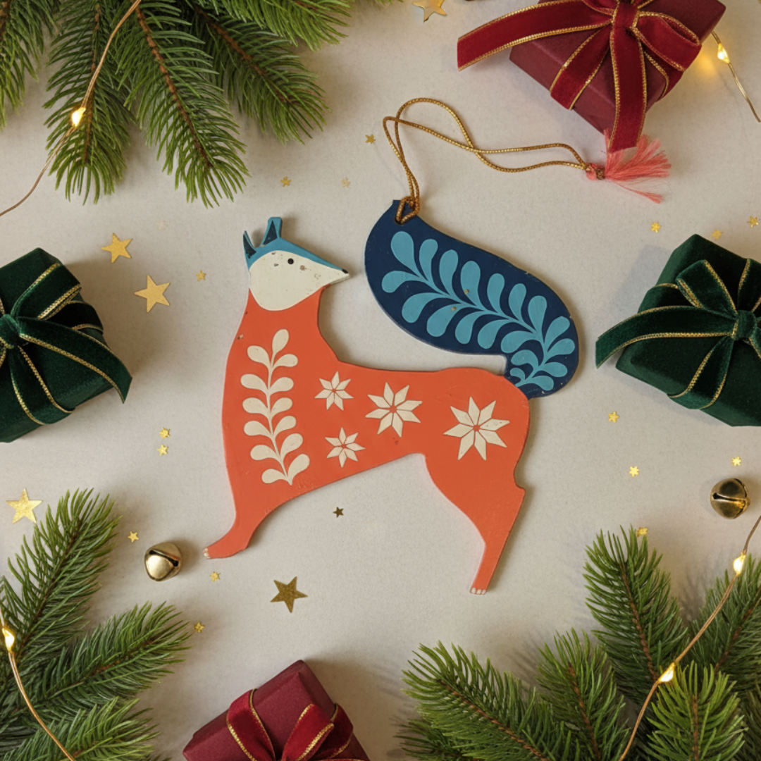 Hand-Painted MDF Folk Art Fox Ornament