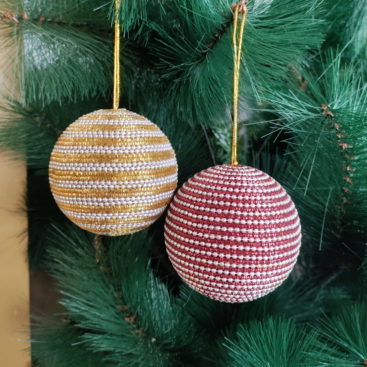 Dual-Tone Elegance: Red & Gold Beaded Ornament Set of 2