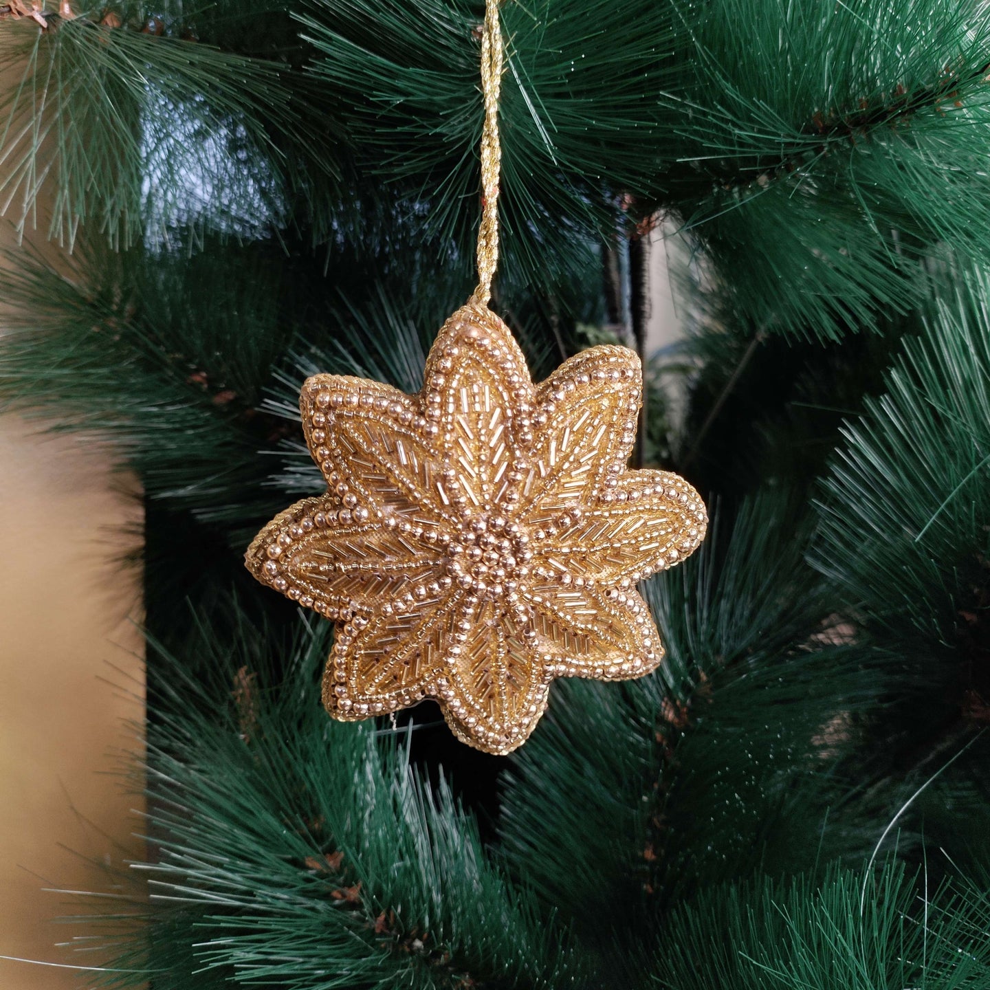 Golden Star Bloom of Christmas – Hand Embroidered Christmas Ornament