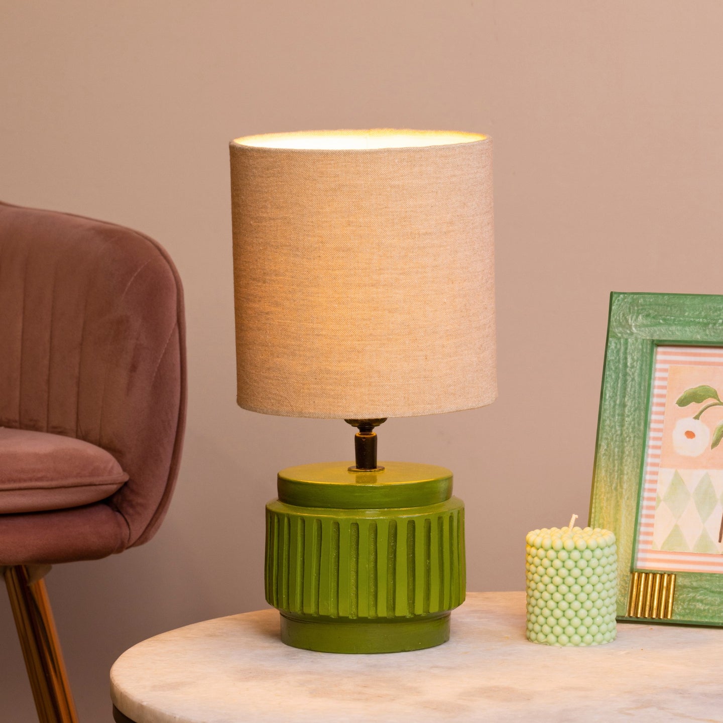 Olive Green Handpainted Terracotta Table Lamp