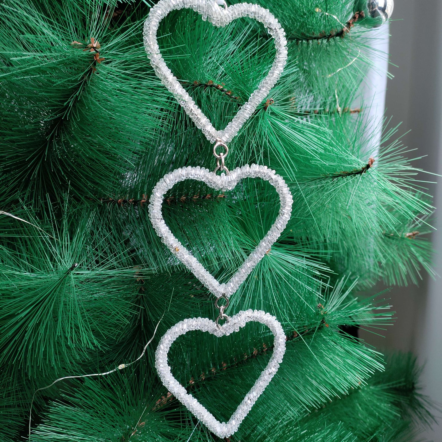 Silver Heart Cascade: 3-Tier Beaded Christmas Ornament