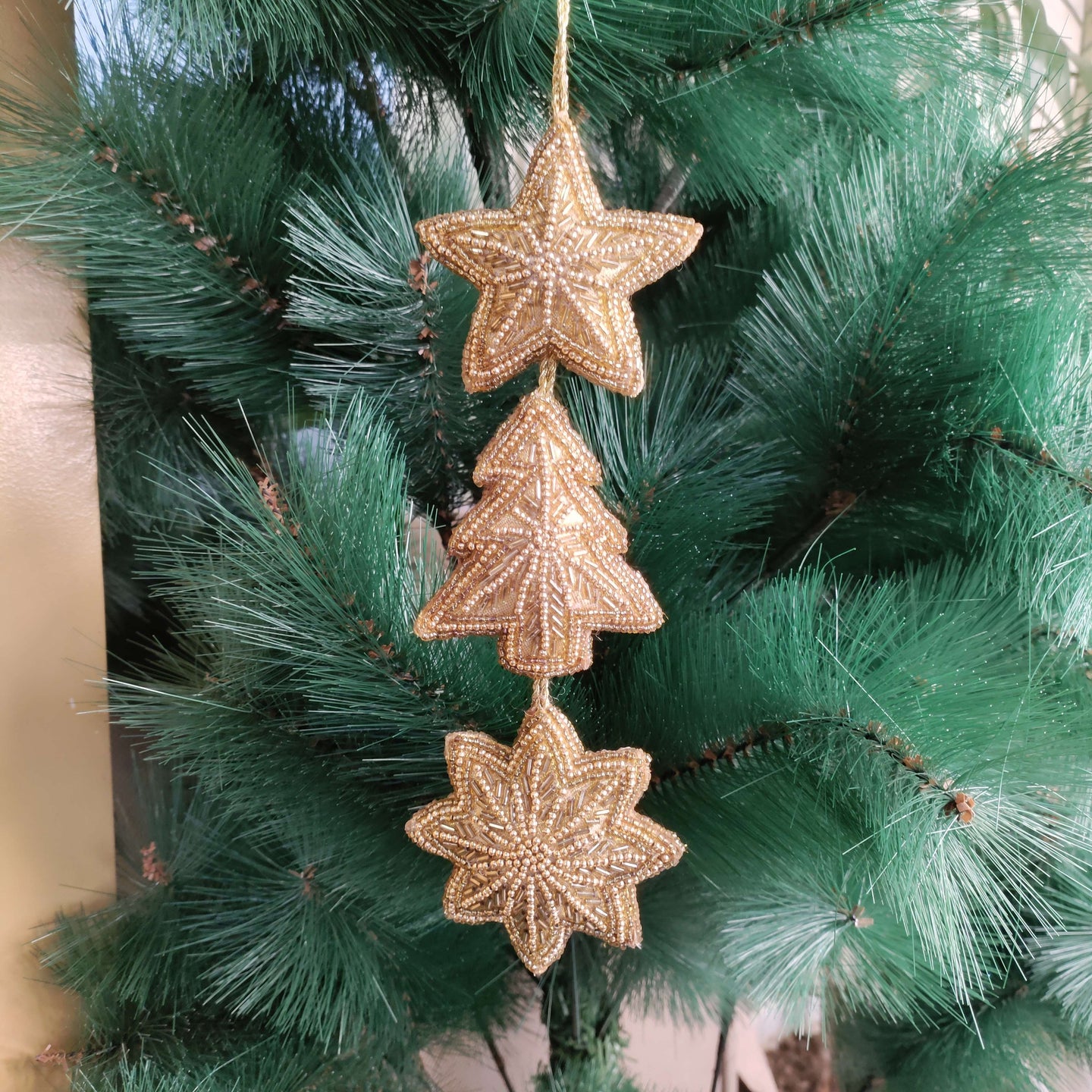 Golden Trio– Handcrafted Beaded Christmas Ornament