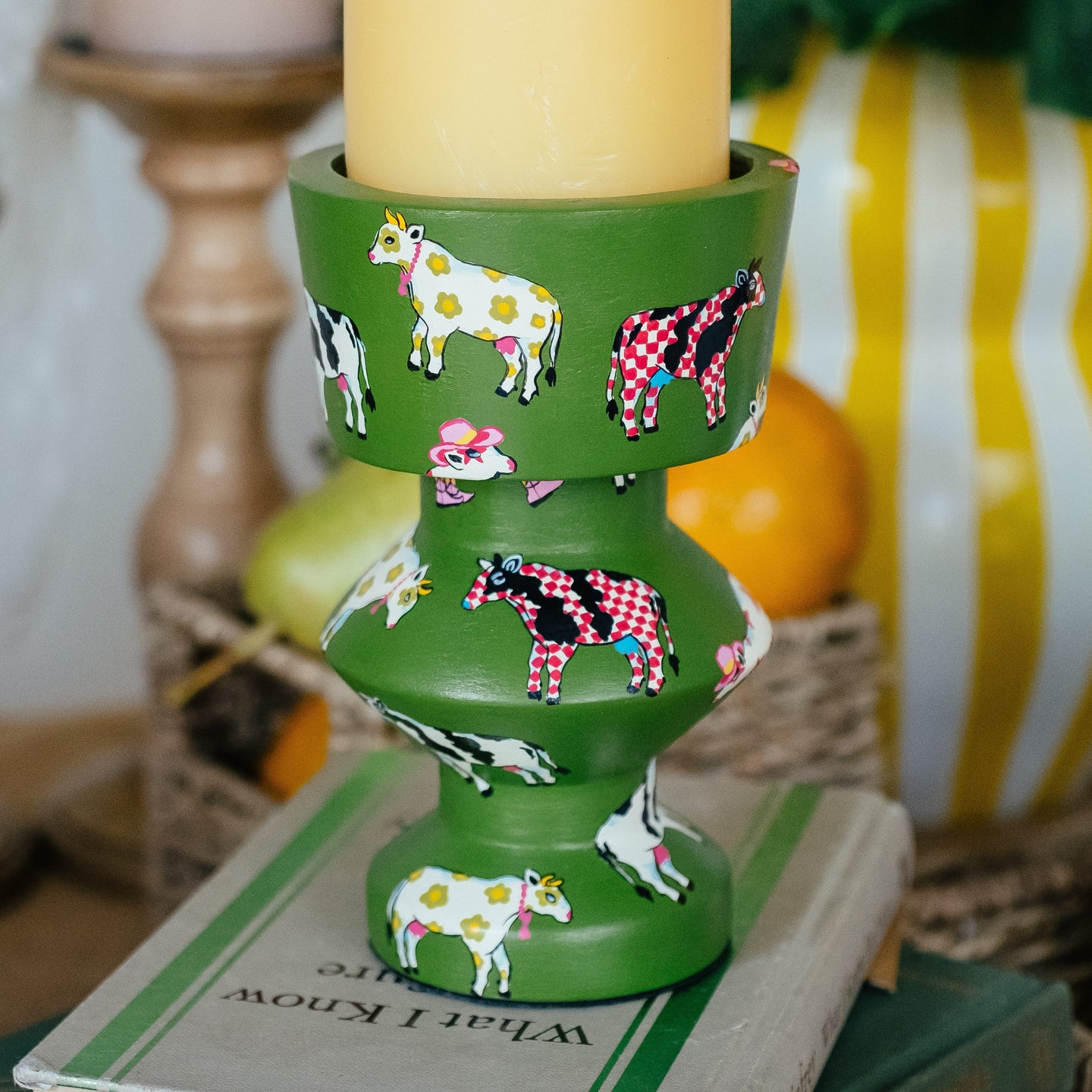 Pastoral Cow Motif: Hand-Painted Candle Stand