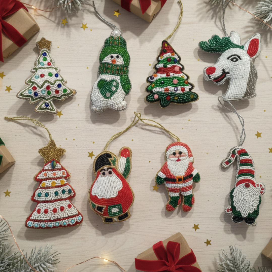 Set of 8 Classic Christmas Cheer Beaded Ornaments