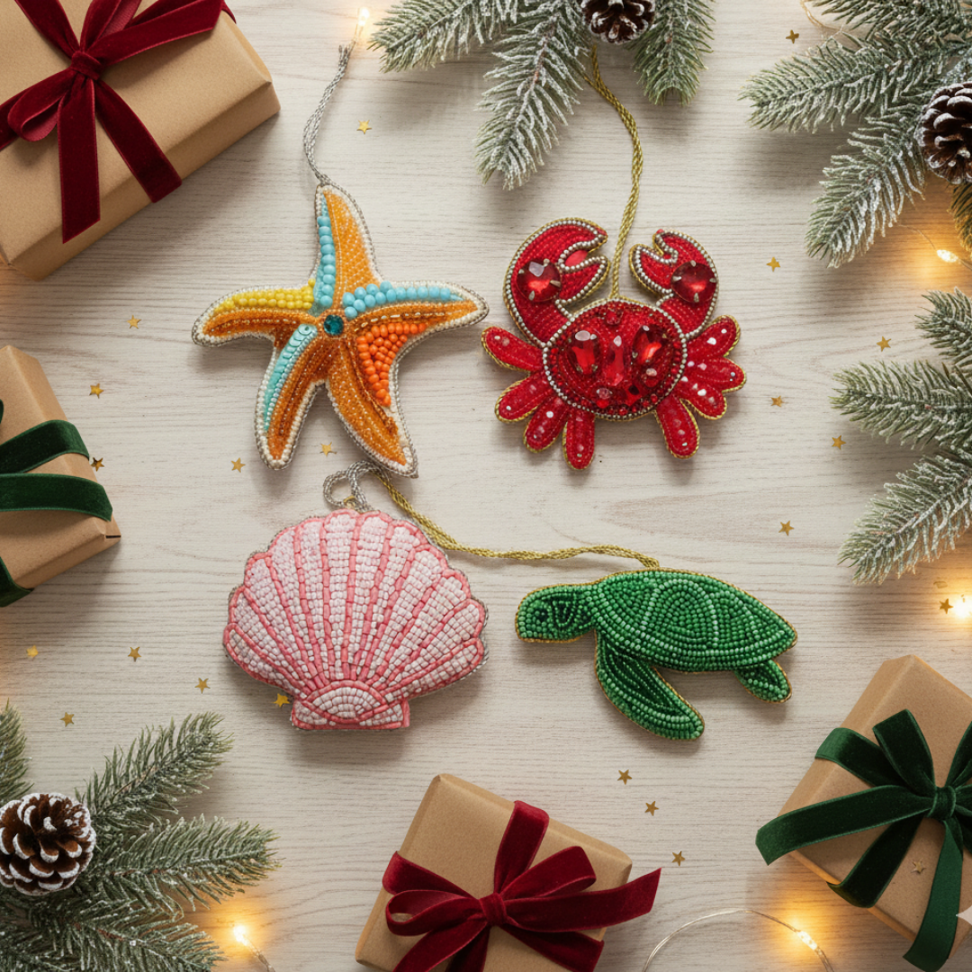 Set of 4 Coastal Sparkle Beaded Ornaments