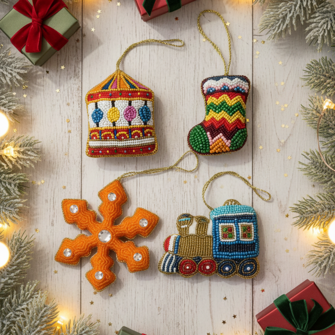 Set of 4  Whimsical Holiday Charm Beaded Ornament