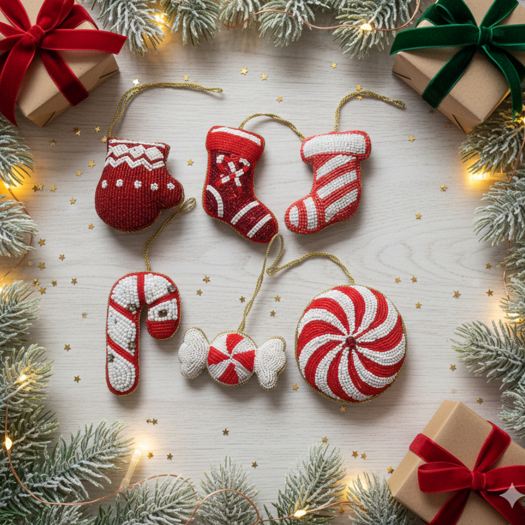 Set of 6 Peppermint Candy Cane Dream Beaded Ornaments