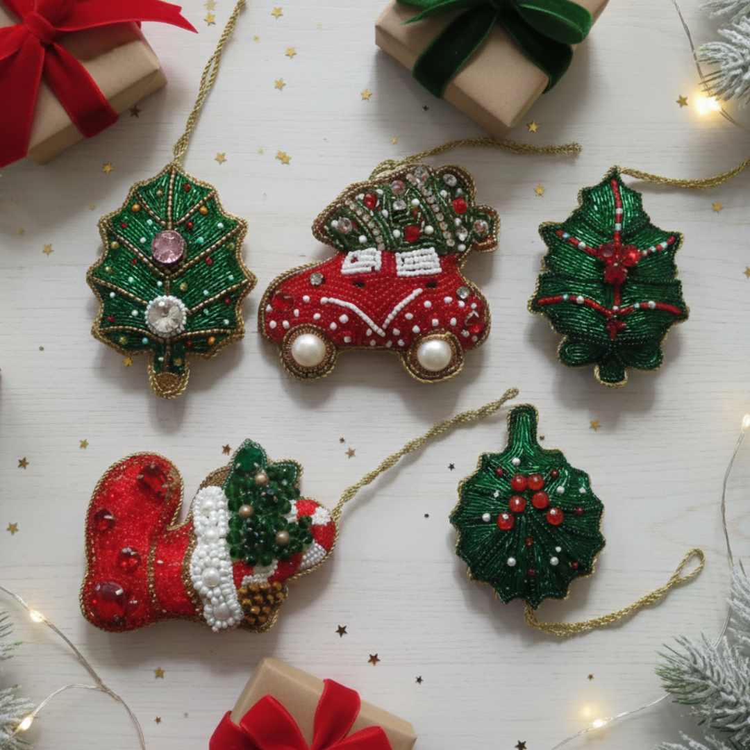 Set of 5 Holiday Delivery Beaded Ornaments