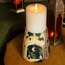 Load image into Gallery viewer, Moonlit Medina: Hand-Painted Terracotta Candle Stand
