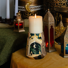 Load image into Gallery viewer, Moonlit Medina: Hand-Painted Terracotta Candle Stand
