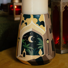 Load image into Gallery viewer, Moonlit Medina: Hand-Painted Terracotta Candle Stand
