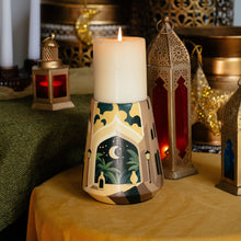 Load image into Gallery viewer, Moonlit Medina: Hand-Painted Terracotta Candle Stand
