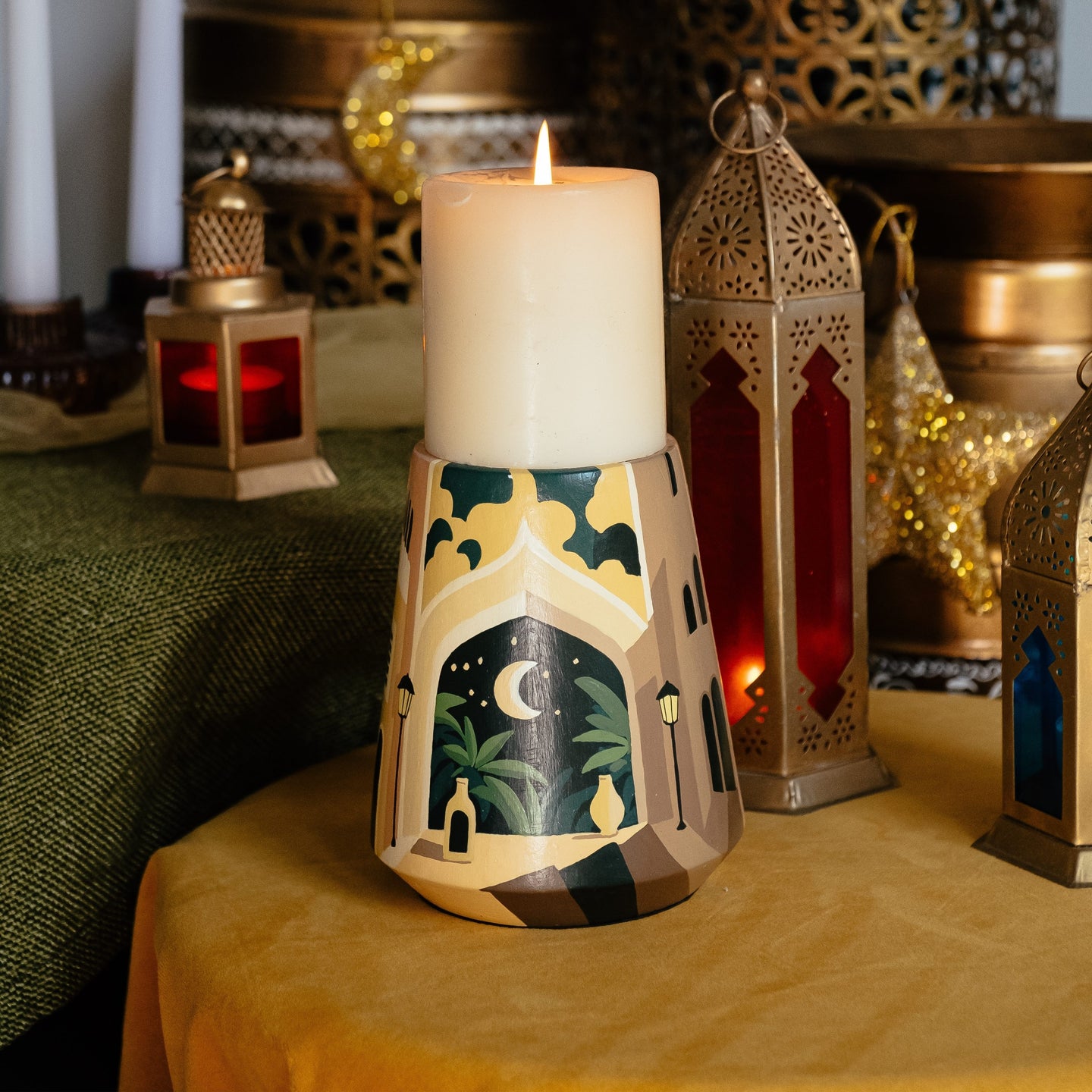 Moonlit Medina: Hand-Painted Terracotta Candle Stand