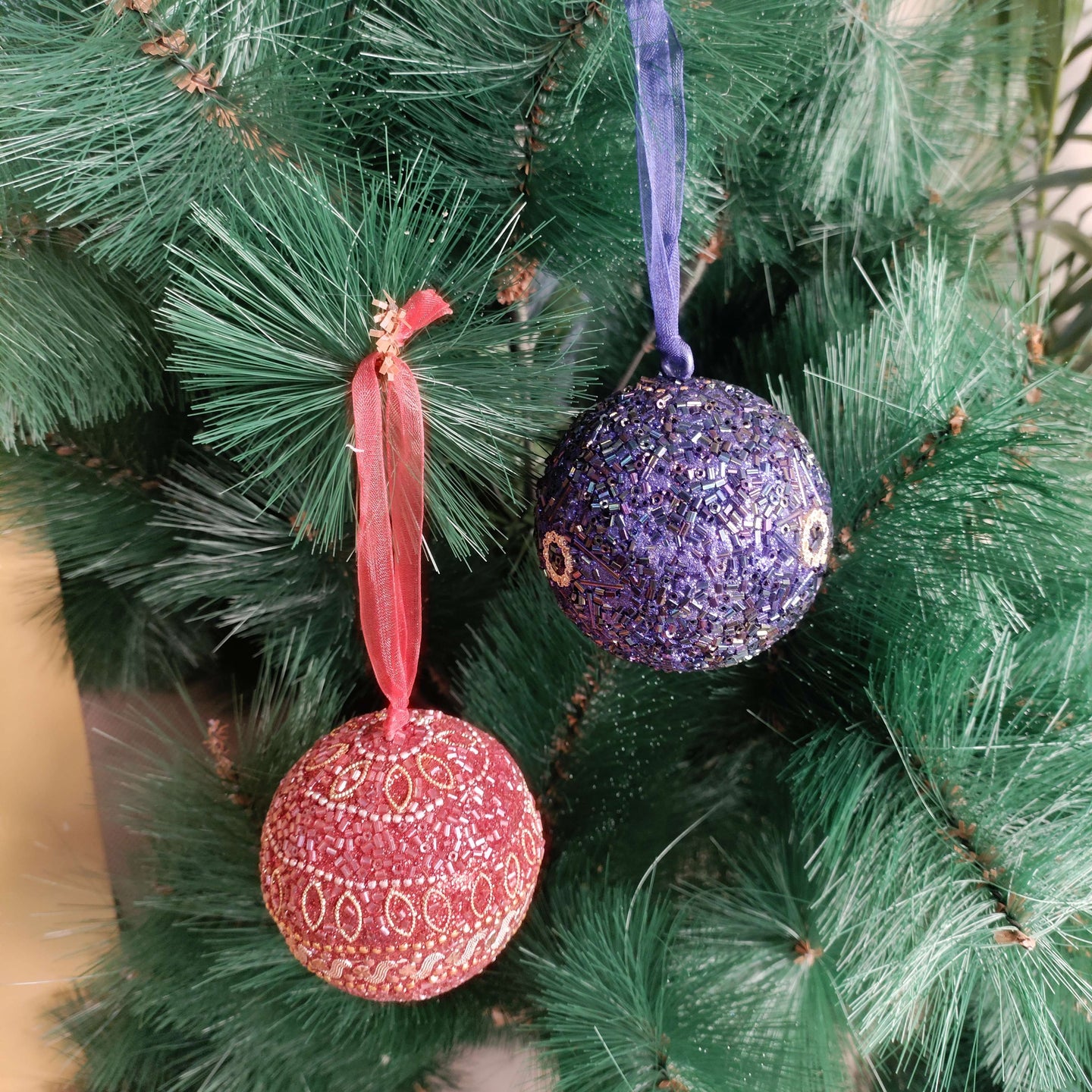 Festive Duo – Dark Blue & Red Beaded Ball Ornaments Set of 2