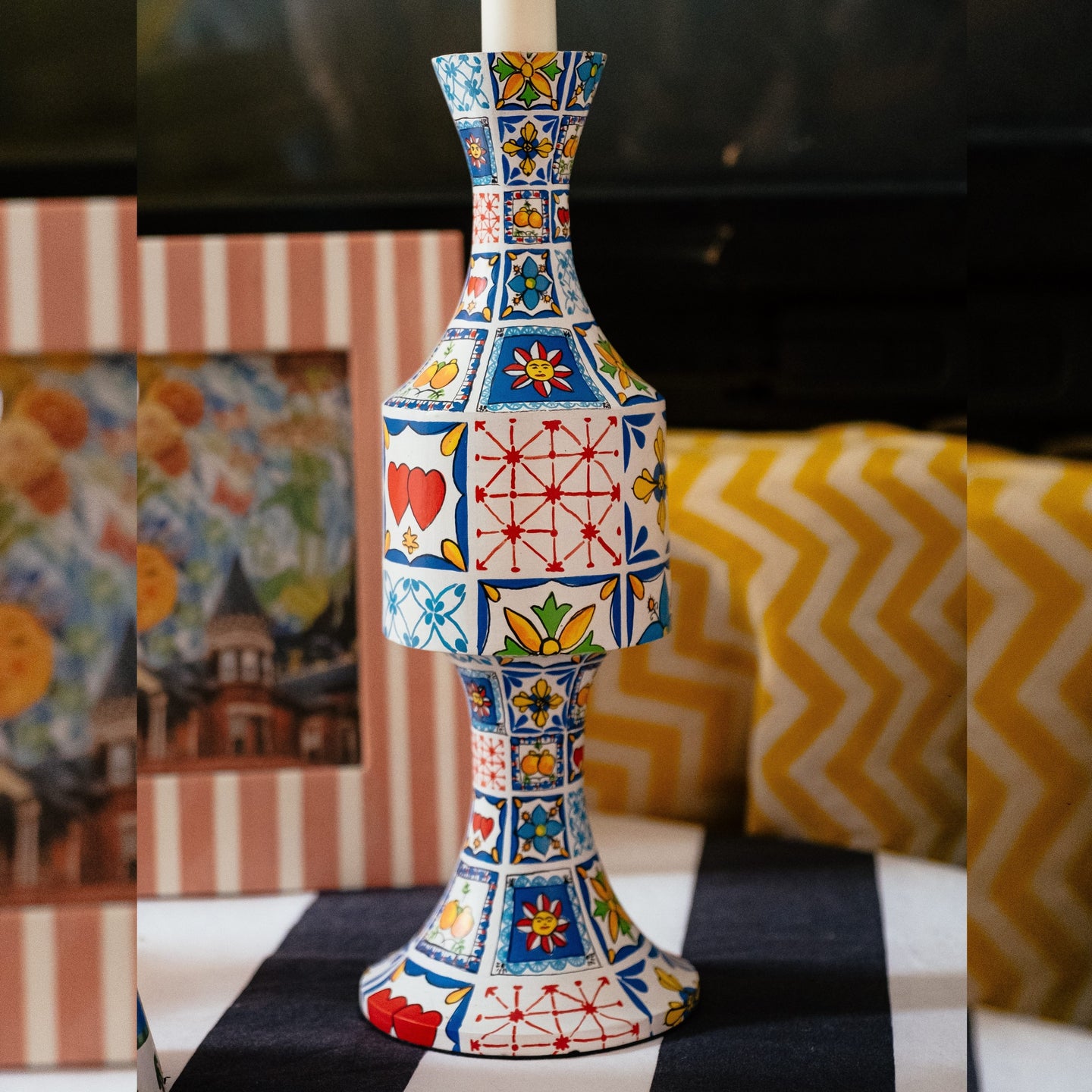 Mediterranean Mosaic Art: Hand Painted Luxe Candle Stand