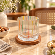 Load image into Gallery viewer, Revolving Ribbed Glass Tumbler with Wooden Coaster – Set of 2
